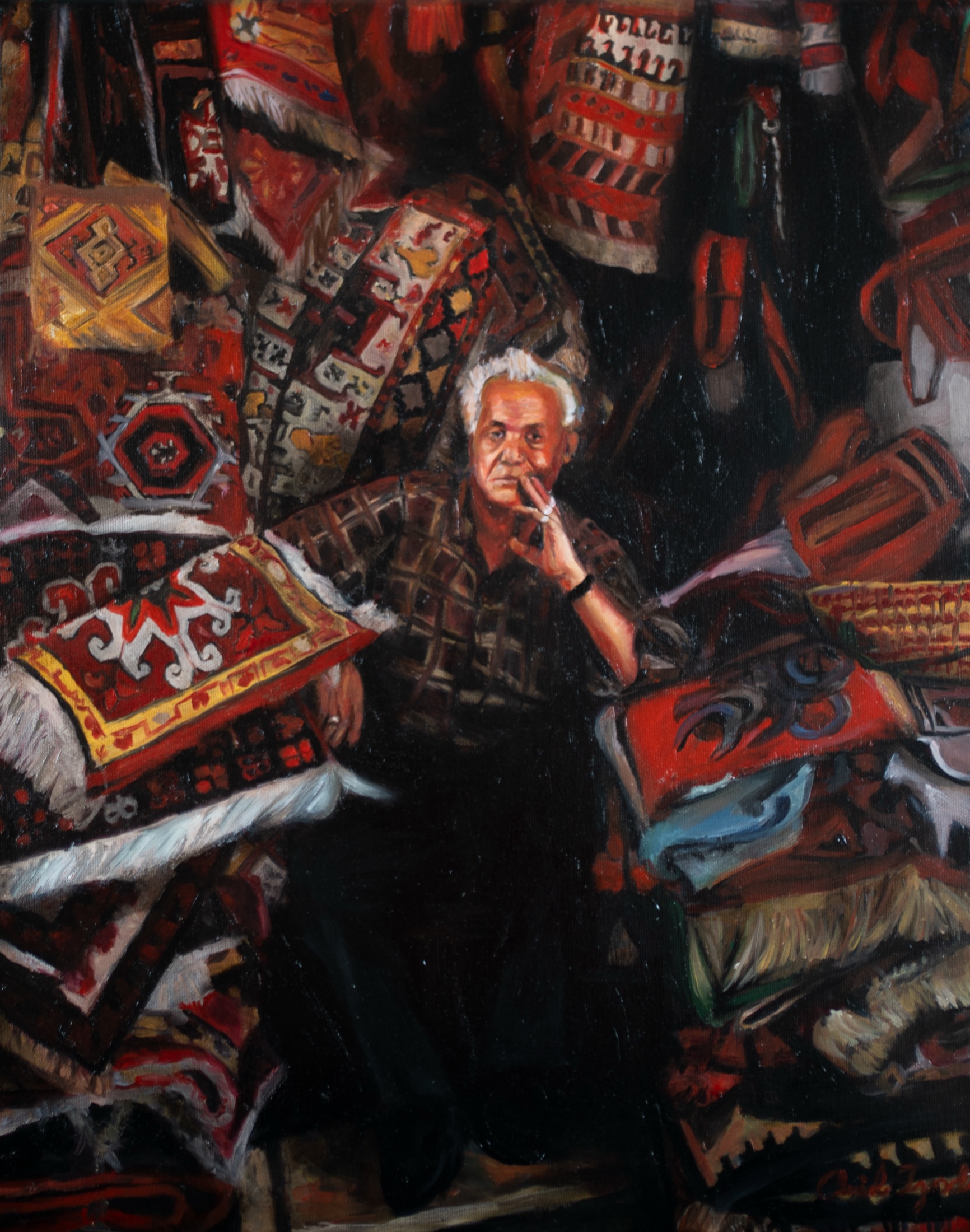 Contemplation of the Woven Past — oil painting of a Persian carpet seller by Omid Izadi