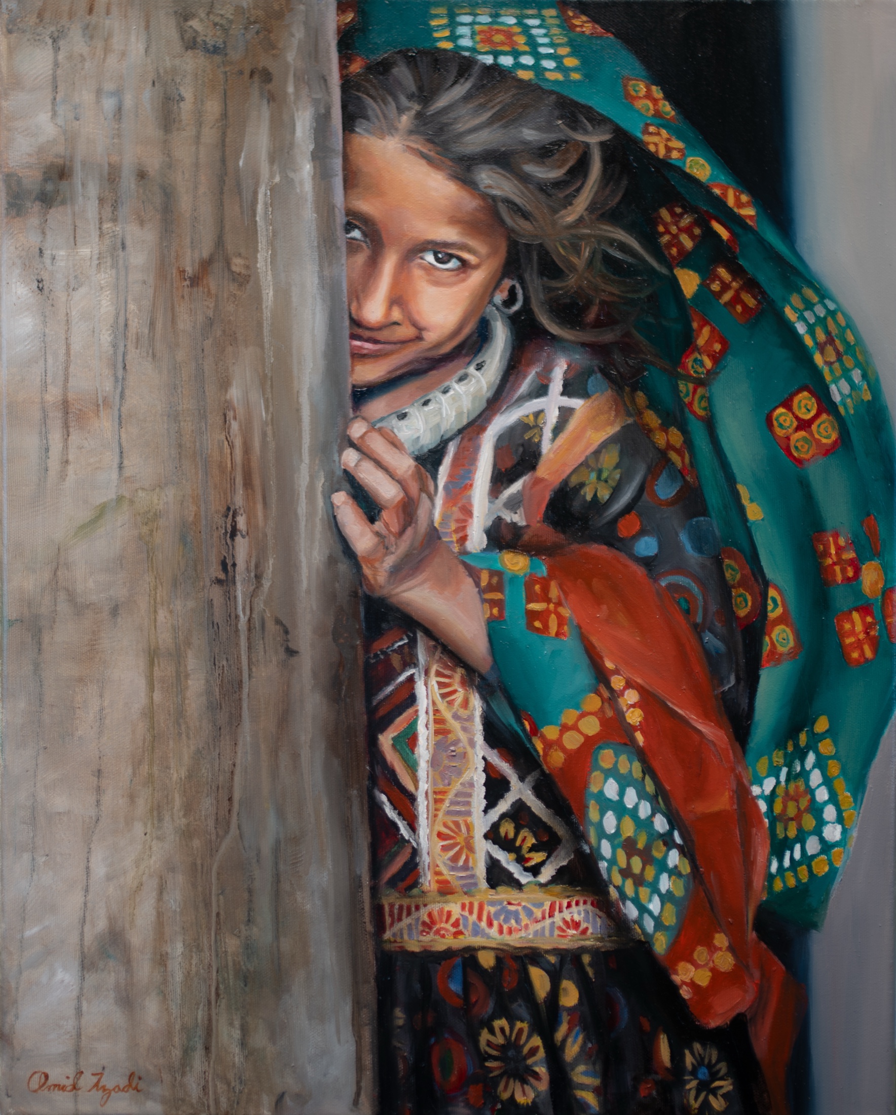 Staring Through Your Soul — oil painting of a Baluchi girl in a teal embroidered shawl by Omid Izadi